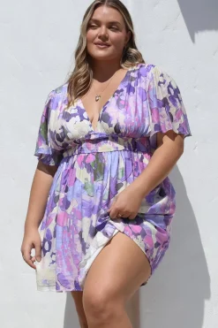 Glades Mini Dress - V Neck Shirred Waist A Line Dress in Kamara Print Purple><noscript><img width=