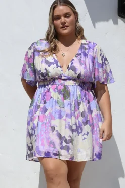 Glades Mini Dress - V Neck Shirred Waist A Line Dress in Kamara Print Purple><noscript><img width=