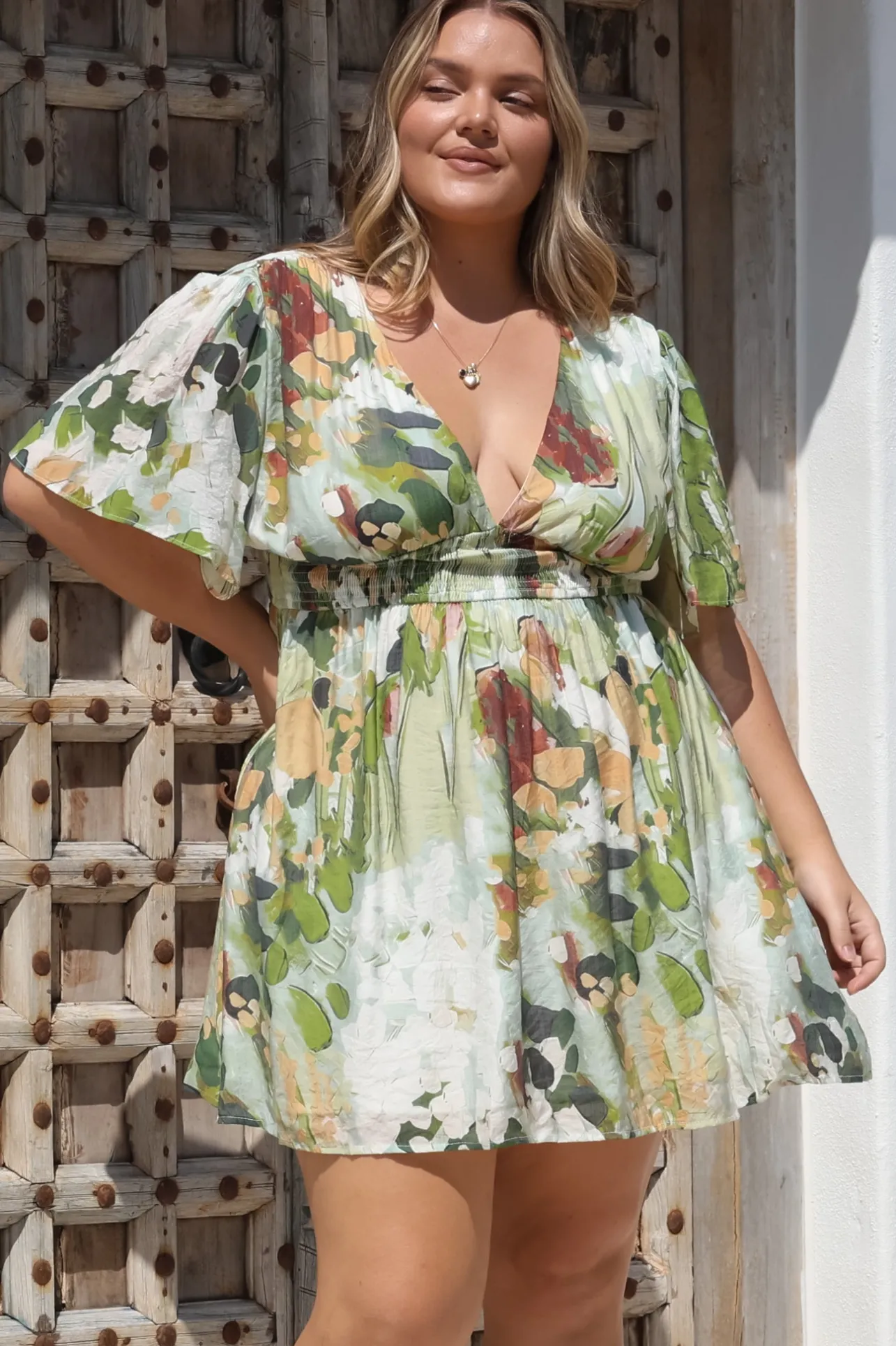 Glades Mini Dress - V Neck Shirred Waist A Line Dress in Kamara Print Green>Salty Crush Discount