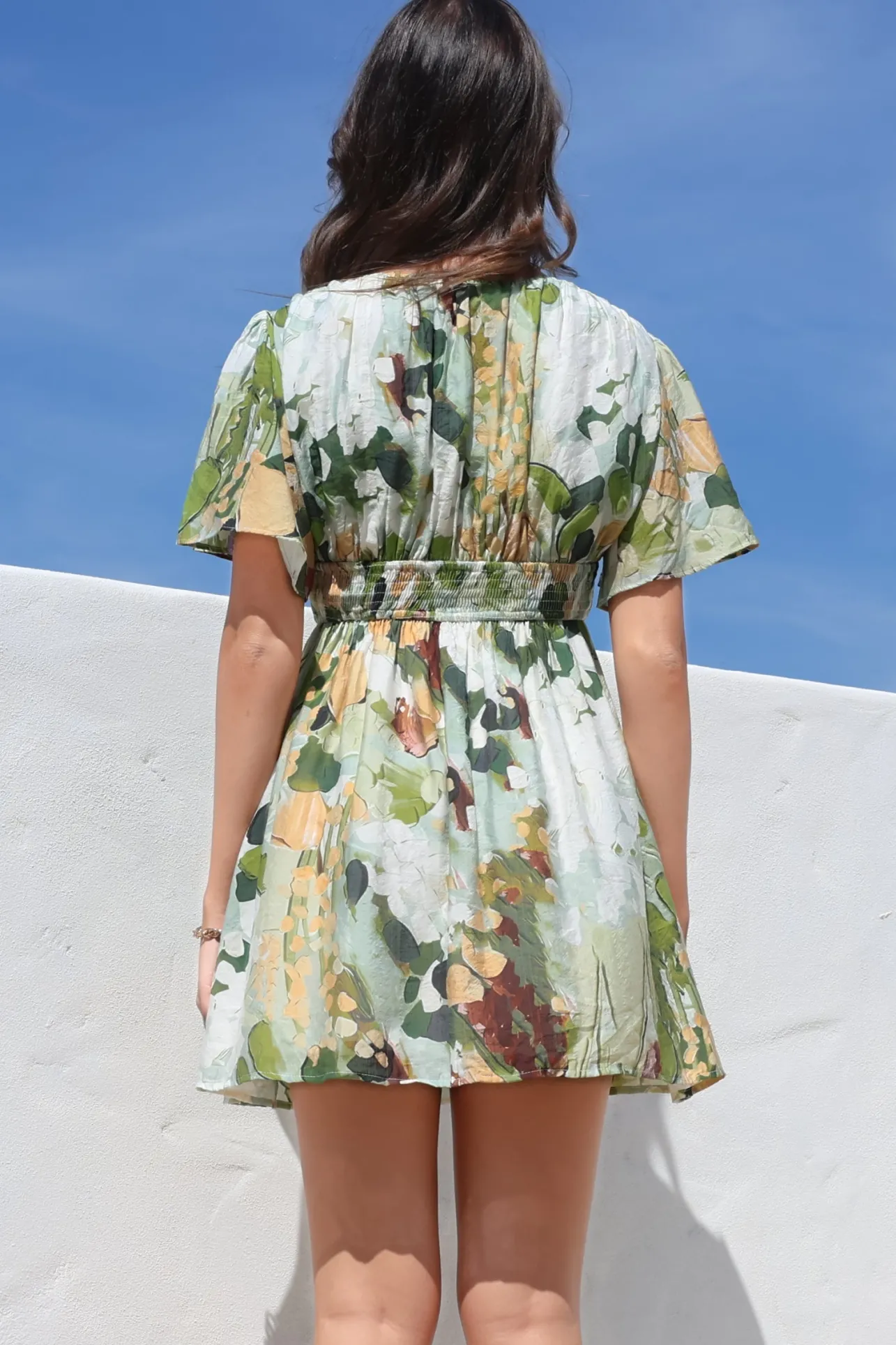 Glades Mini Dress - V Neck Shirred Waist A Line Dress in Kamara Print Green>Salty Crush Discount