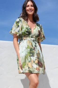 Glades Mini Dress - V Neck Shirred Waist A Line Dress in Kamara Print Green><noscript><img width=