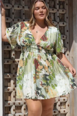 Glades Mini Dress - V Neck Shirred Waist A Line Dress in Kamara Print Green><noscript><img width=