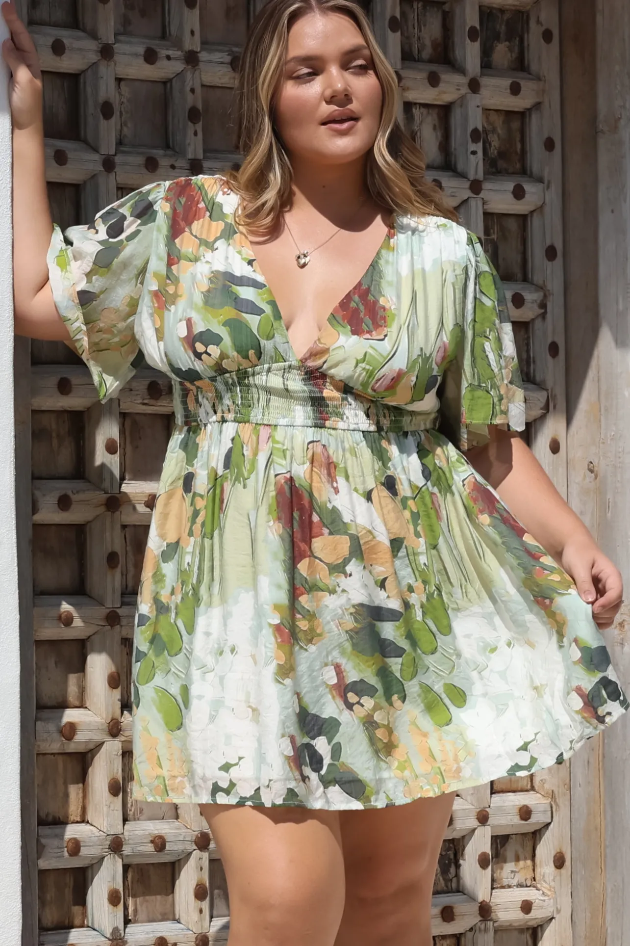 Glades Mini Dress - V Neck Shirred Waist A Line Dress in Kamara Print Green>Salty Crush Discount