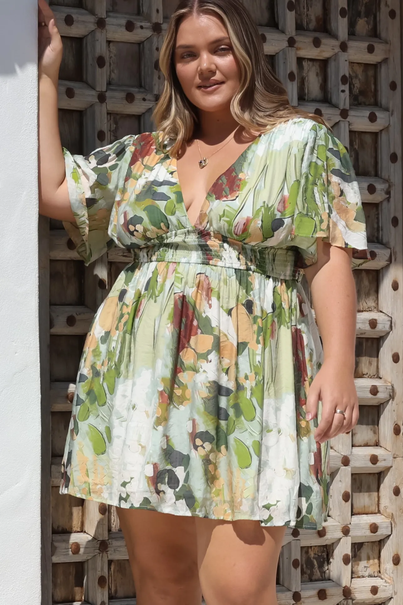 Glades Mini Dress - V Neck Shirred Waist A Line Dress in Kamara Print Green>Salty Crush Discount