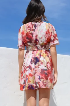 Glades Mini Dress - V Neck Shirred Waist A Line Dress in Kamara Print Red><noscript><img width=