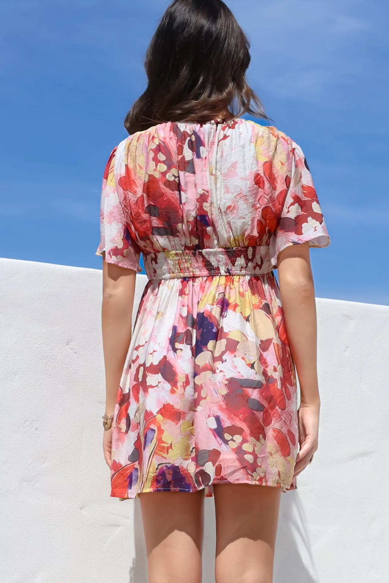 Glades Mini Dress - V Neck Shirred Waist A Line Dress in Kamara Print Red>Salty Crush New