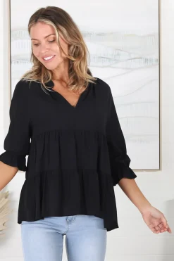 Greta Top - Mandarin Collar Smock Top Black><noscript><img width=