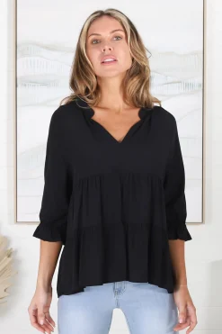 Greta Top - Mandarin Collar Smock Top Black><noscript><img width=