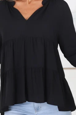 Greta Top - Mandarin Collar Smock Top Black><noscript><img width=