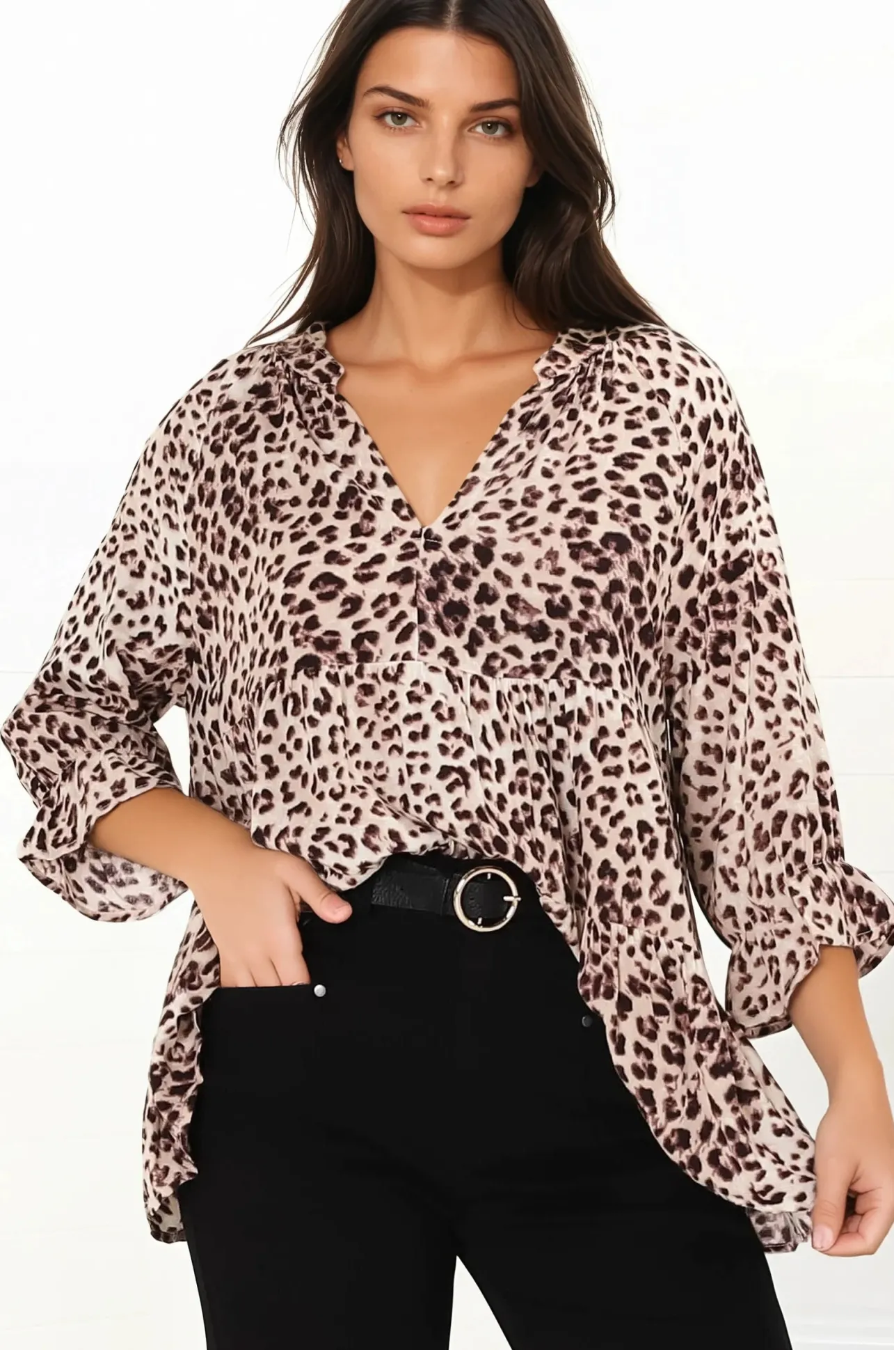 Greta Top - Mandarin Collar Smock Top in Tatum Print>Salty Crush Discount