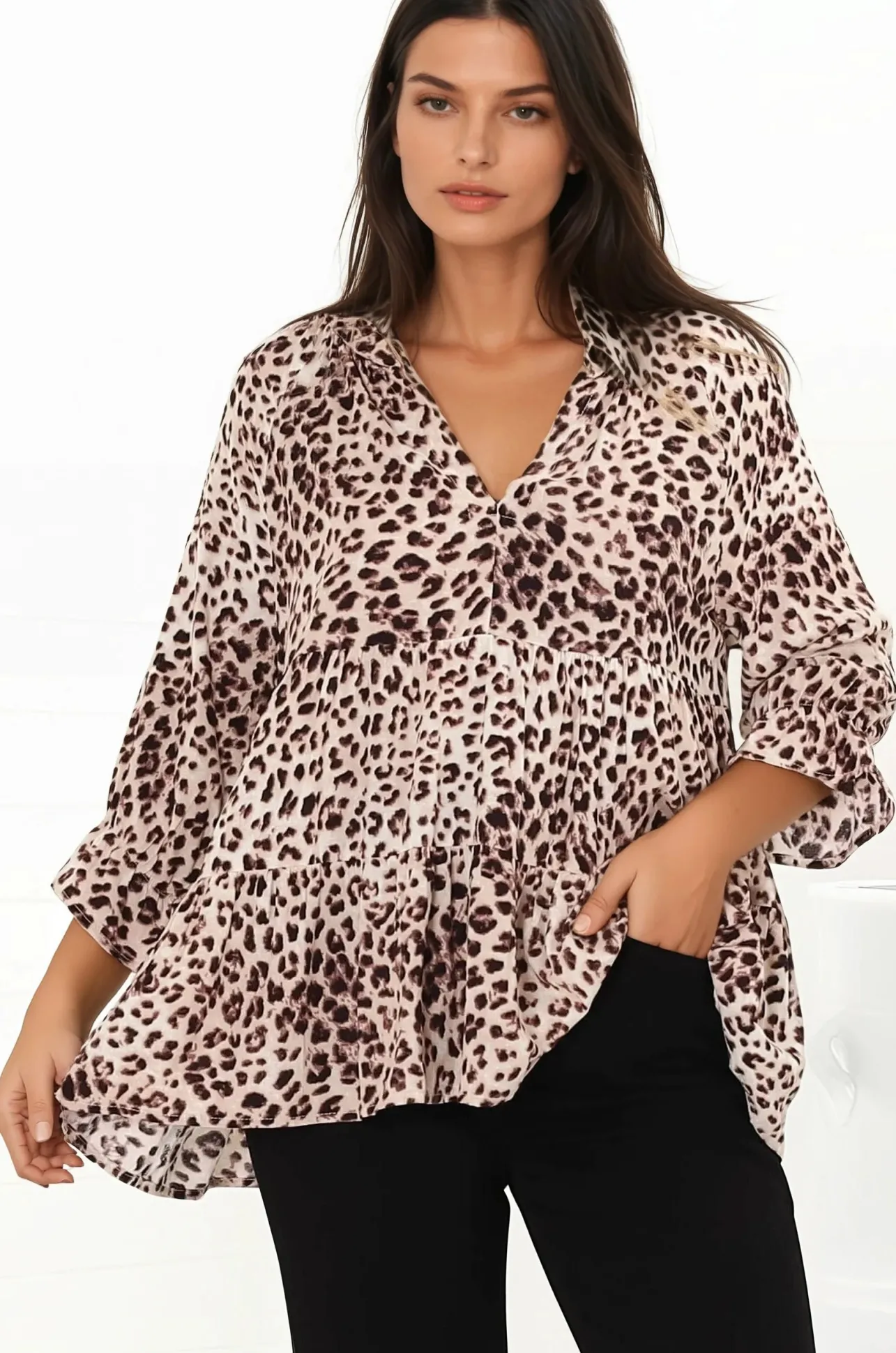 Greta Top - Mandarin Collar Smock Top in Tatum Print>Salty Crush Discount