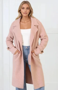 Griffin Cardigan - Collared Button Closure Coatigan with Pockets in Pink><noscript><img width=