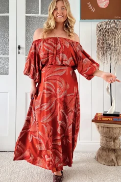 Hallie Maxi Dress - Off Shoulder Balloon Sleeve Dress in Hibiscus Print>Jaase New