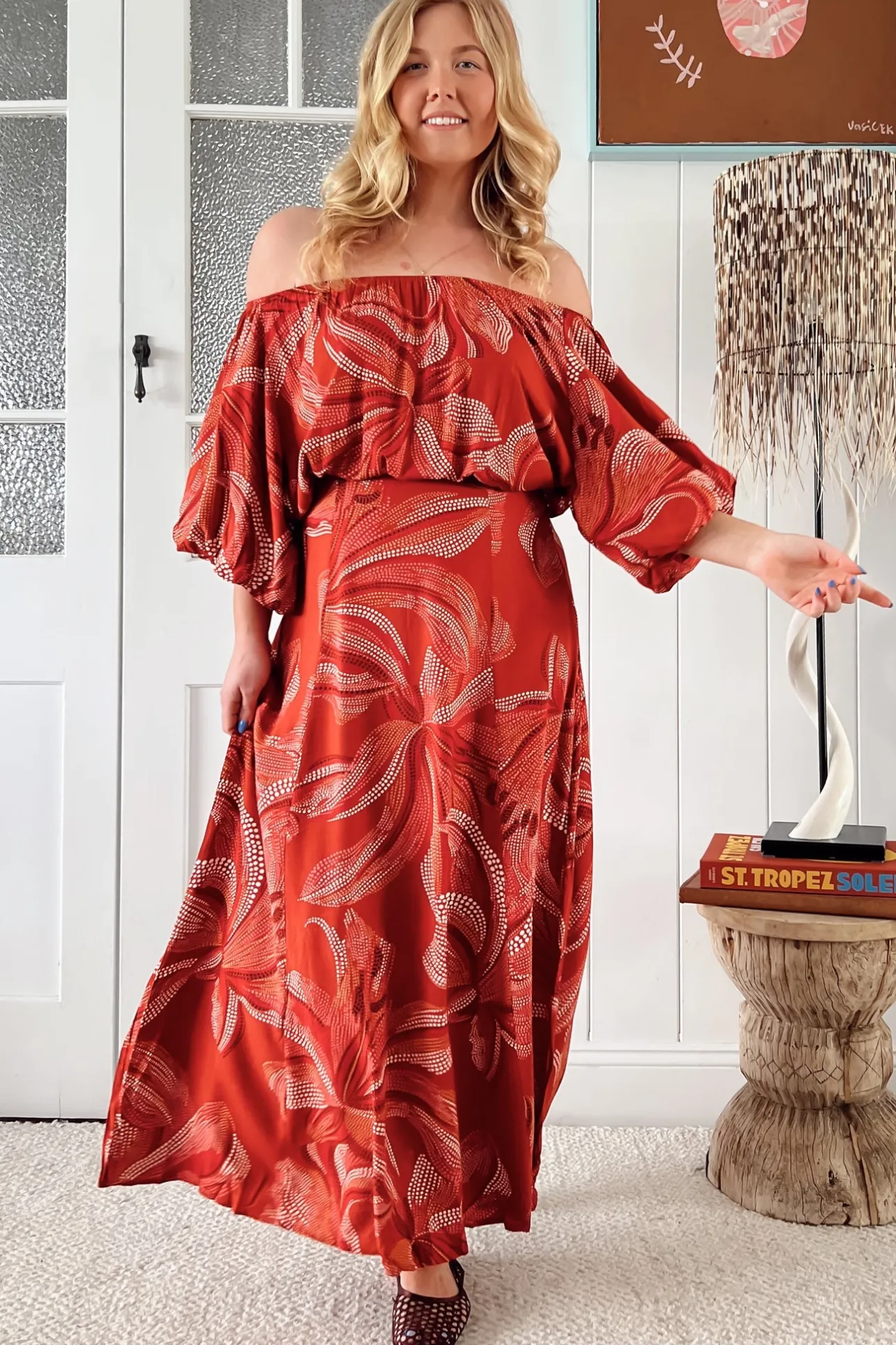 Hallie Maxi Dress - Off Shoulder Balloon Sleeve Dress in Hibiscus Print>Jaase New