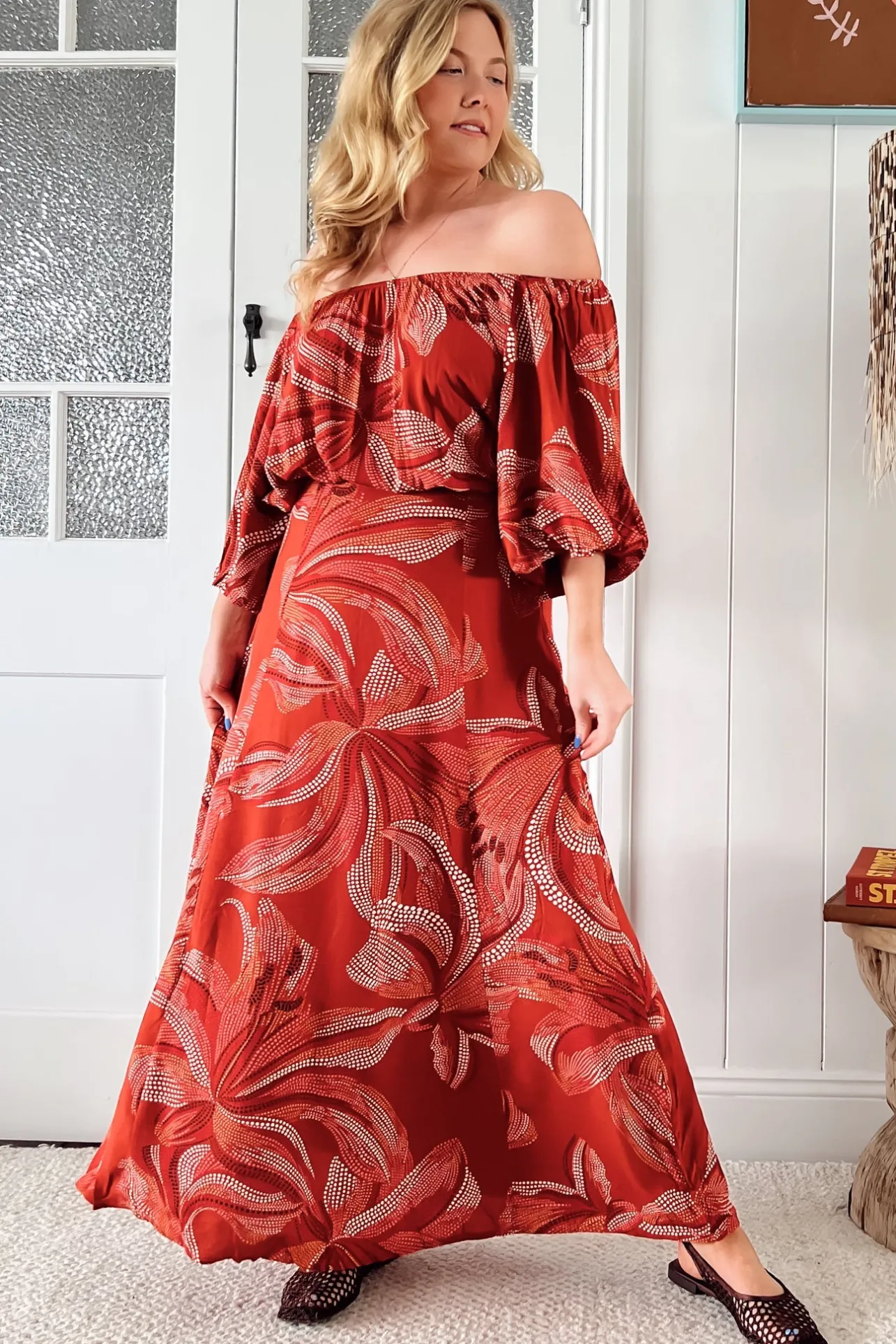 Hallie Maxi Dress - Off Shoulder Balloon Sleeve Dress in Hibiscus Print>Jaase New