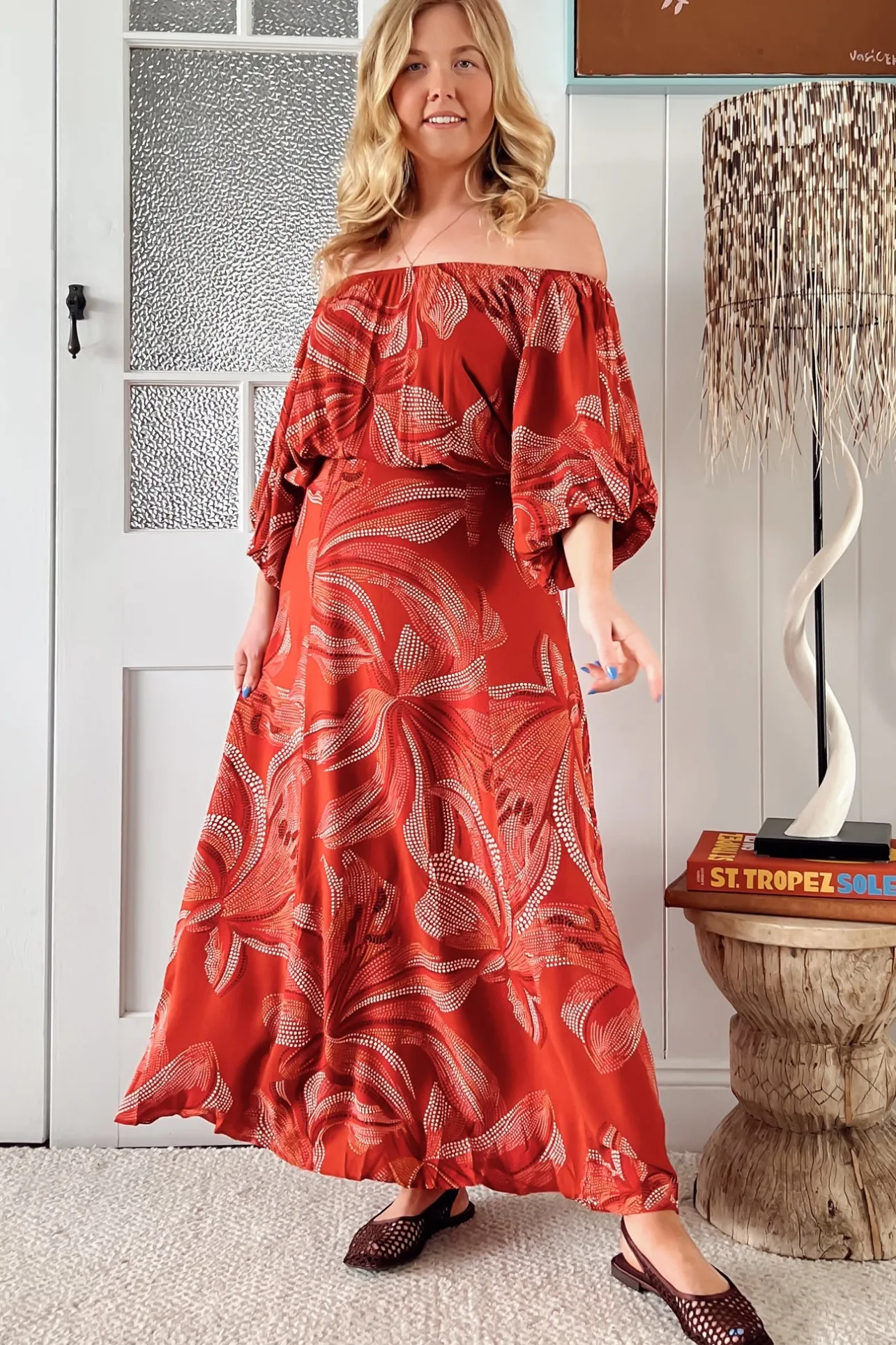 Hallie Maxi Dress - Off Shoulder Balloon Sleeve Dress in Hibiscus Print>Jaase New