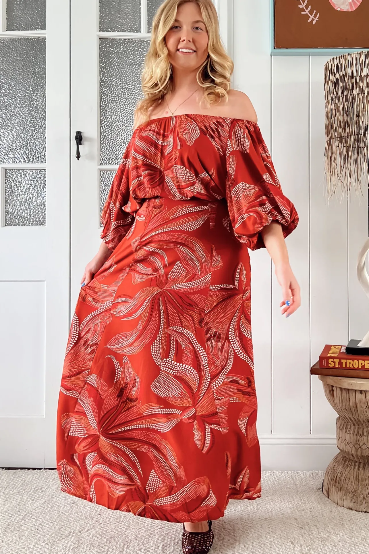 Hallie Maxi Dress - Off Shoulder Balloon Sleeve Dress in Hibiscus Print>Jaase New