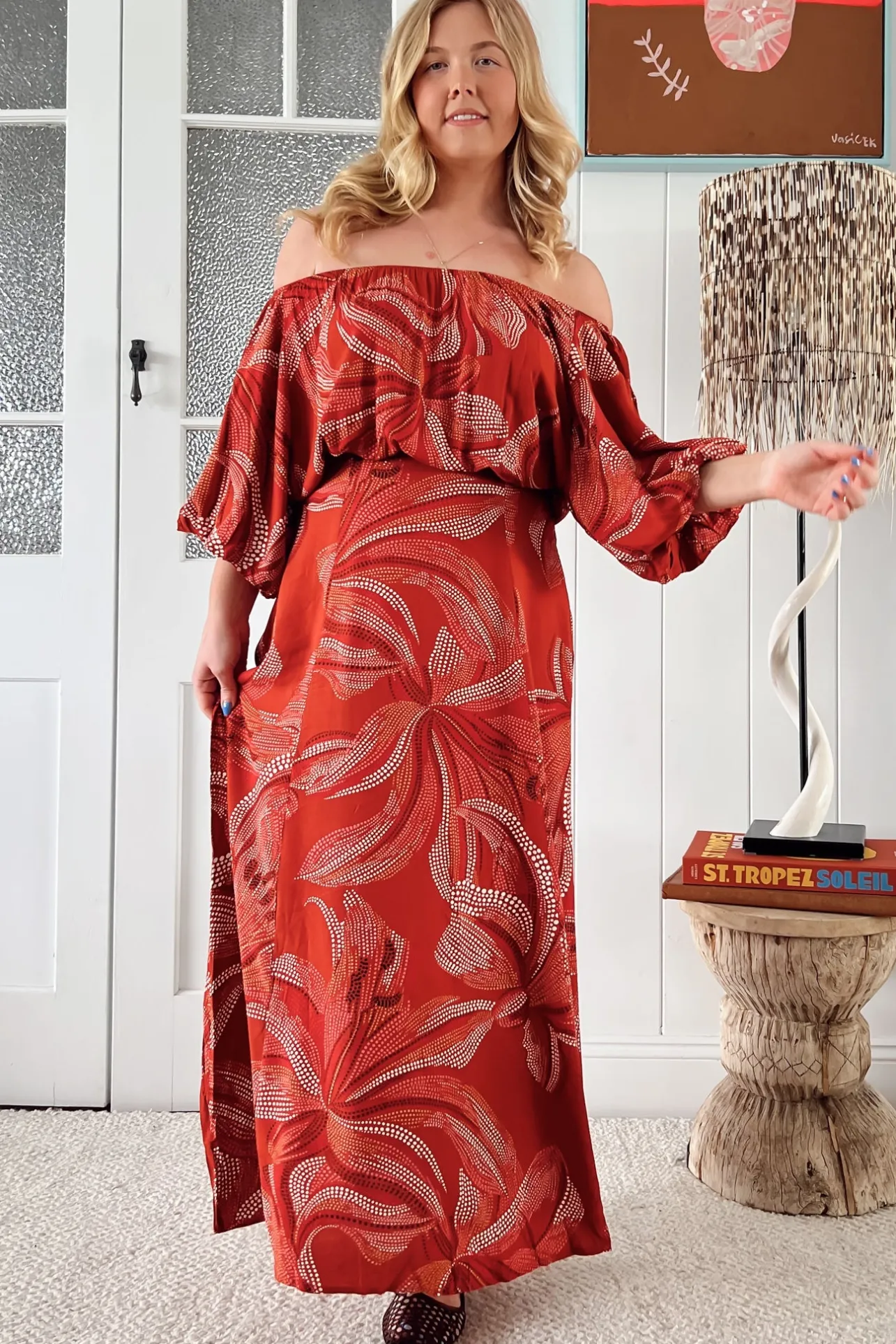 Hallie Maxi Dress - Off Shoulder Balloon Sleeve Dress in Hibiscus Print>Jaase New