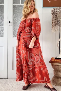 Hallie Maxi Dress - Off Shoulder Balloon Sleeve Dress in Hibiscus Print><noscript><img width=