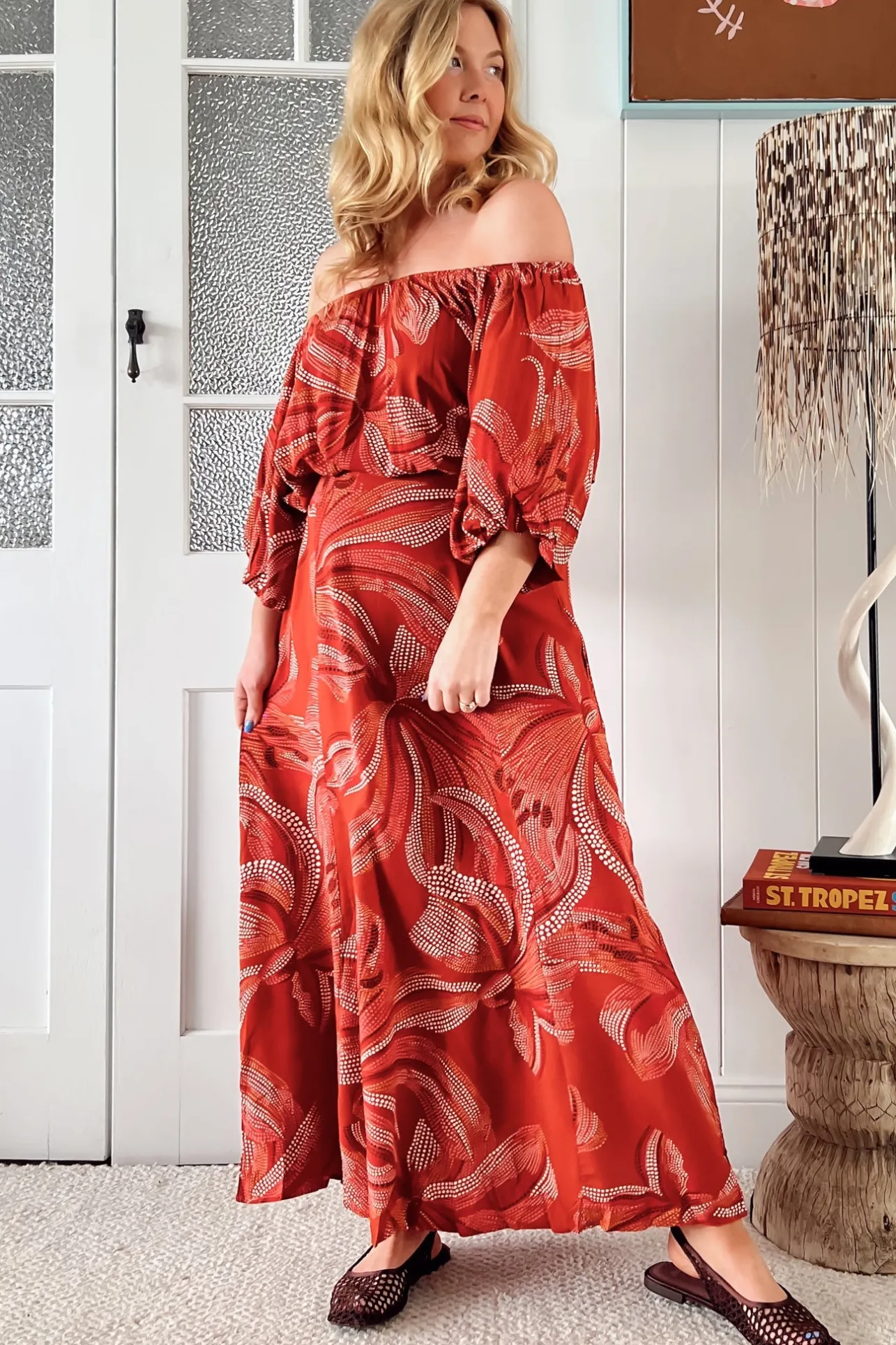 Hallie Maxi Dress - Off Shoulder Balloon Sleeve Dress in Hibiscus Print>Jaase New