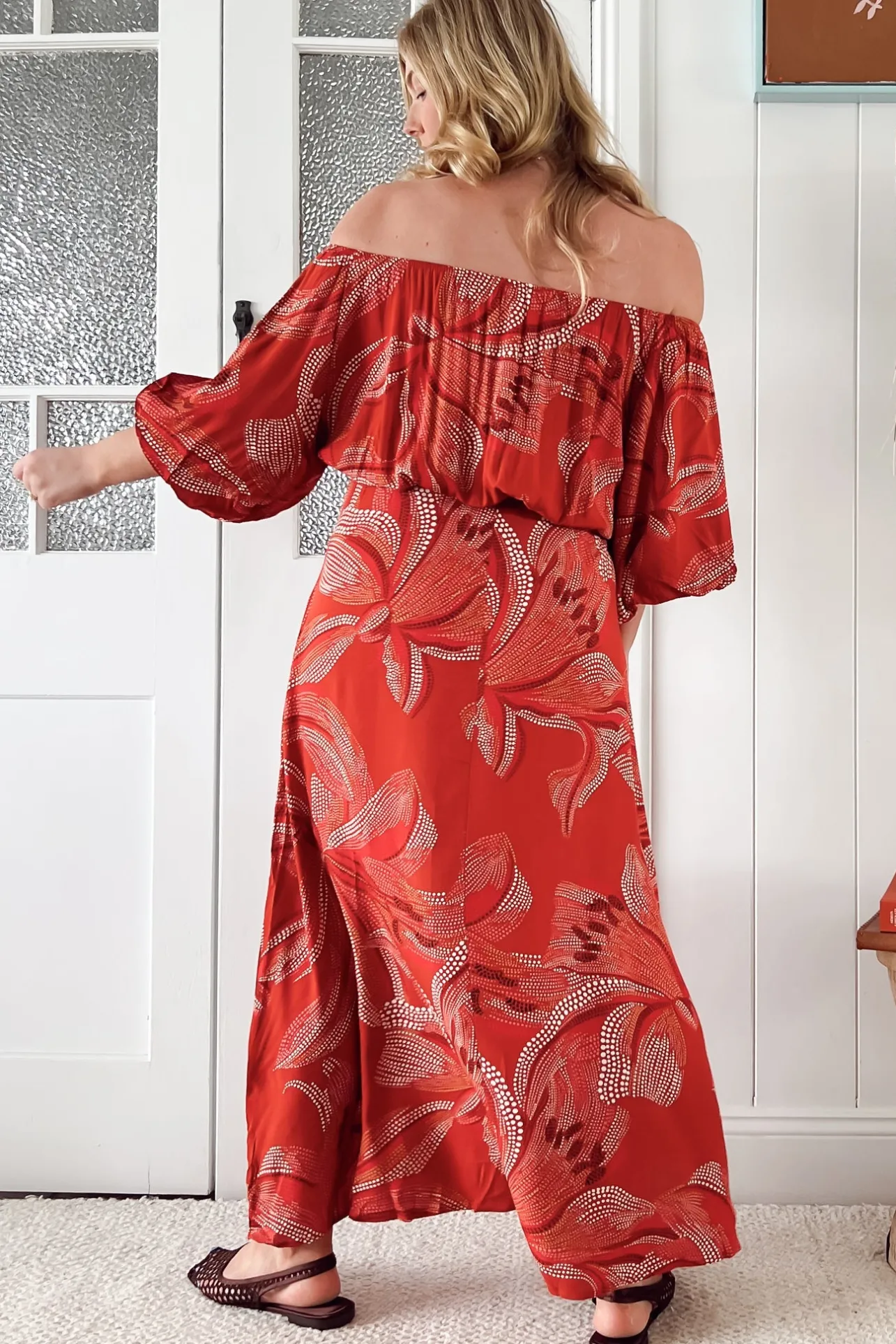 Hallie Maxi Dress - Off Shoulder Balloon Sleeve Dress in Hibiscus Print>Jaase New