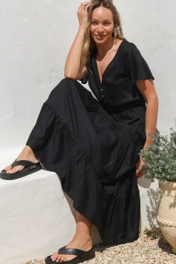 Hanna Maxi Dress - Cap Sleeve Tiered A Line Dress with Toggle Detailed Waist Tie in Black>Salty Crush Sale