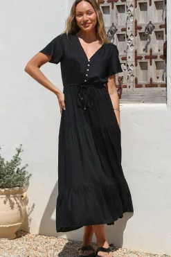 Hanna Maxi Dress - Cap Sleeve Tiered A Line Dress with Toggle Detailed Waist Tie in Black><noscript><img width=