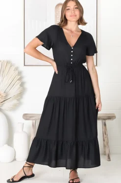 Hanna Maxi Dress - Cap Sleeve Tiered A Line Dress with Toggle Detailed Waist Tie in Black><noscript><img width=