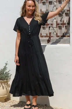 Hanna Maxi Dress - Cap Sleeve Tiered A Line Dress with Toggle Detailed Waist Tie in Black><noscript><img width=