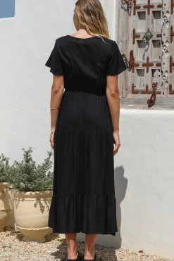 Hanna Maxi Dress - Cap Sleeve Tiered A Line Dress with Toggle Detailed Waist Tie in Black><noscript><img width=