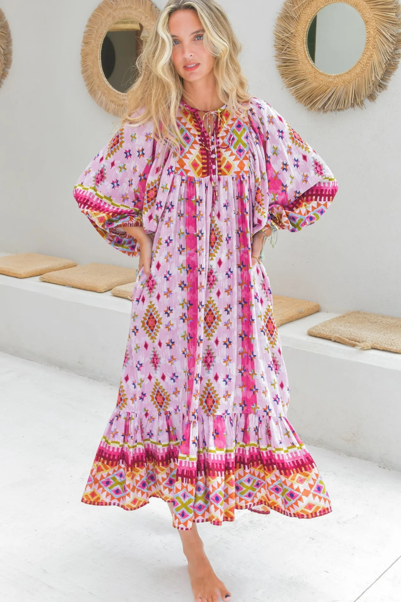 Harper Midi Dress: Smock Dress with Batwing Balloon Sleeves in Lost Tribe Print>Jaase Sale