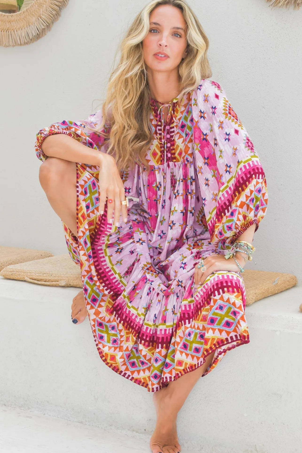 Harper Midi Dress: Smock Dress with Batwing Balloon Sleeves in Lost Tribe Print>Jaase Sale