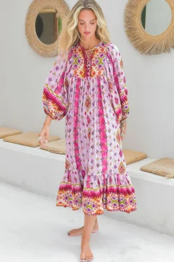 Harper Midi Dress: Smock Dress with Batwing Balloon Sleeves in Lost Tribe Print><noscript><img width=