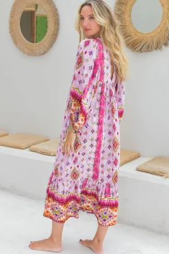 Harper Midi Dress: Smock Dress with Batwing Balloon Sleeves in Lost Tribe Print><noscript><img width=