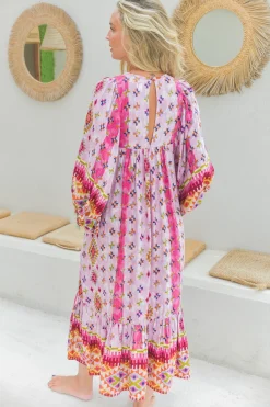 Harper Midi Dress: Smock Dress with Batwing Balloon Sleeves in Lost Tribe Print><noscript><img width=