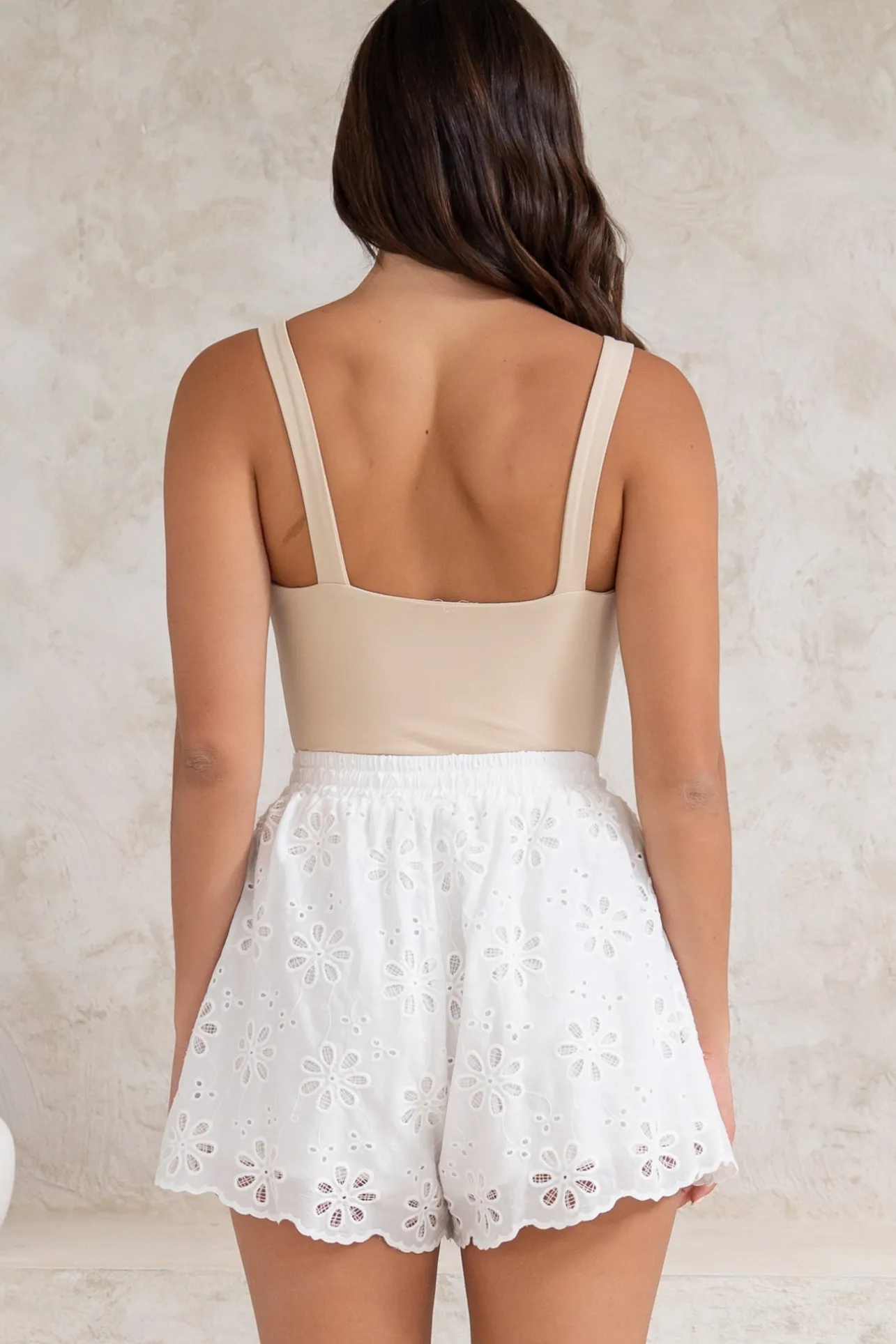 Haruki Shorts - High Waisted Embroidered Shorts with Scallop Hemline in White>Salty Crush Clearance