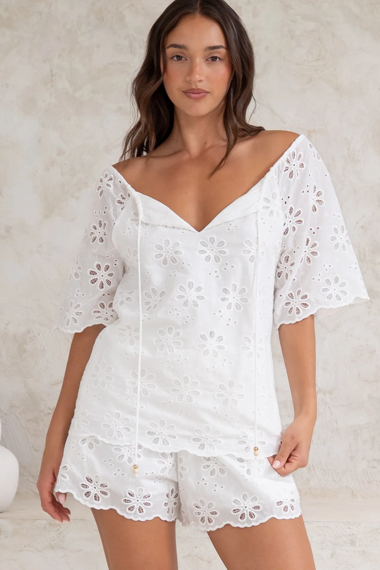 Haruki Top - Embroidered Short Sleeve Top with Scallop Hemlines in White>Salty Crush Best