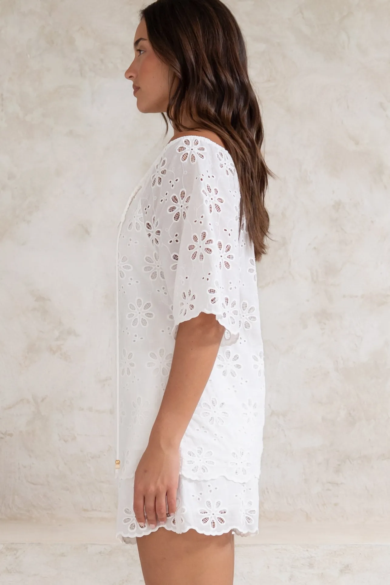 Haruki Top - Embroidered Short Sleeve Top with Scallop Hemlines in White>Salty Crush Best