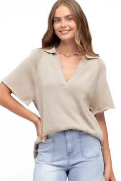 Hayes Knit Top - Relaxed Collared V Neck Knit Top in Oat>Salty Crush Hot