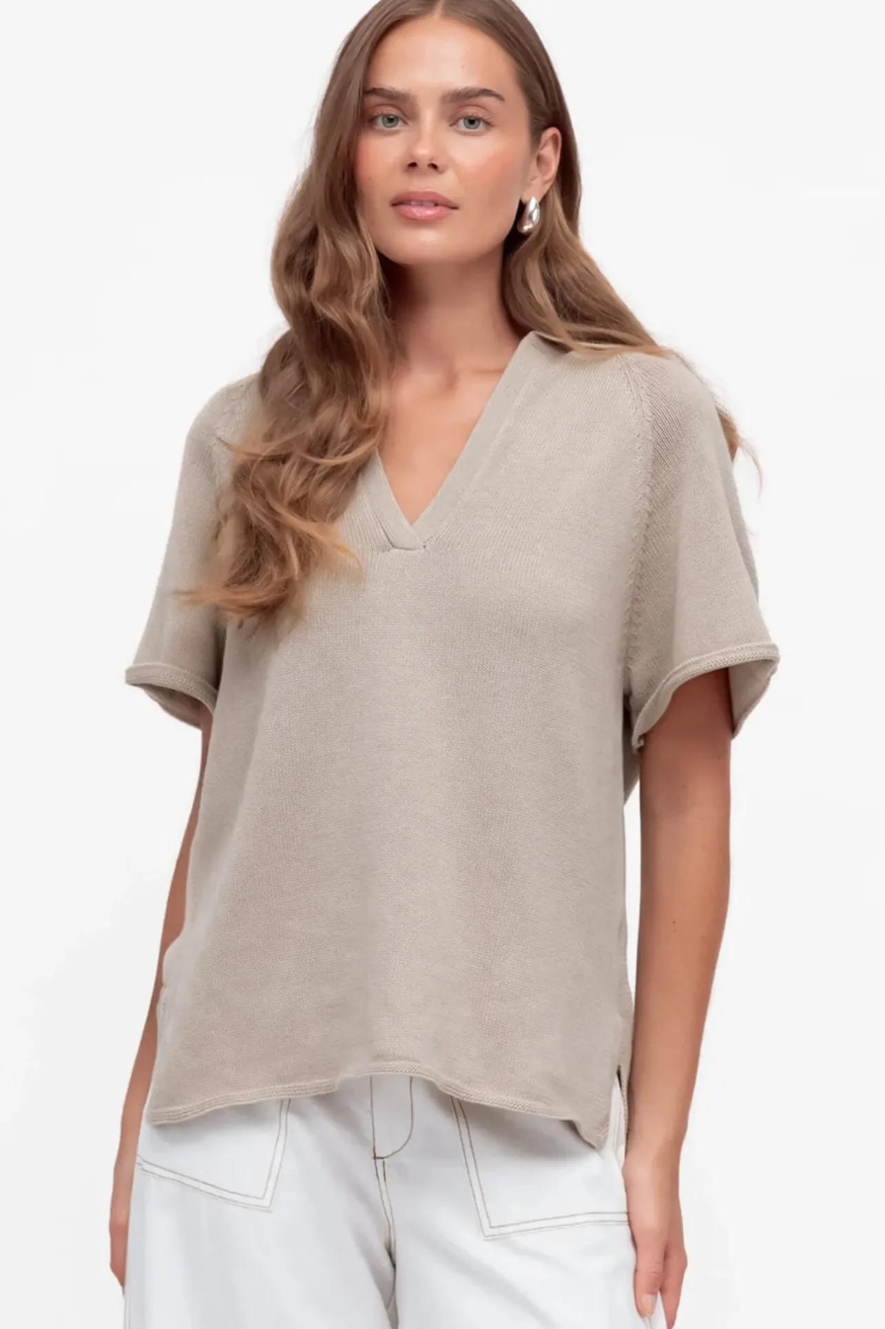 Hayes Knit Top - Relaxed Collared V Neck Knit Top in Oat>Salty Crush Hot