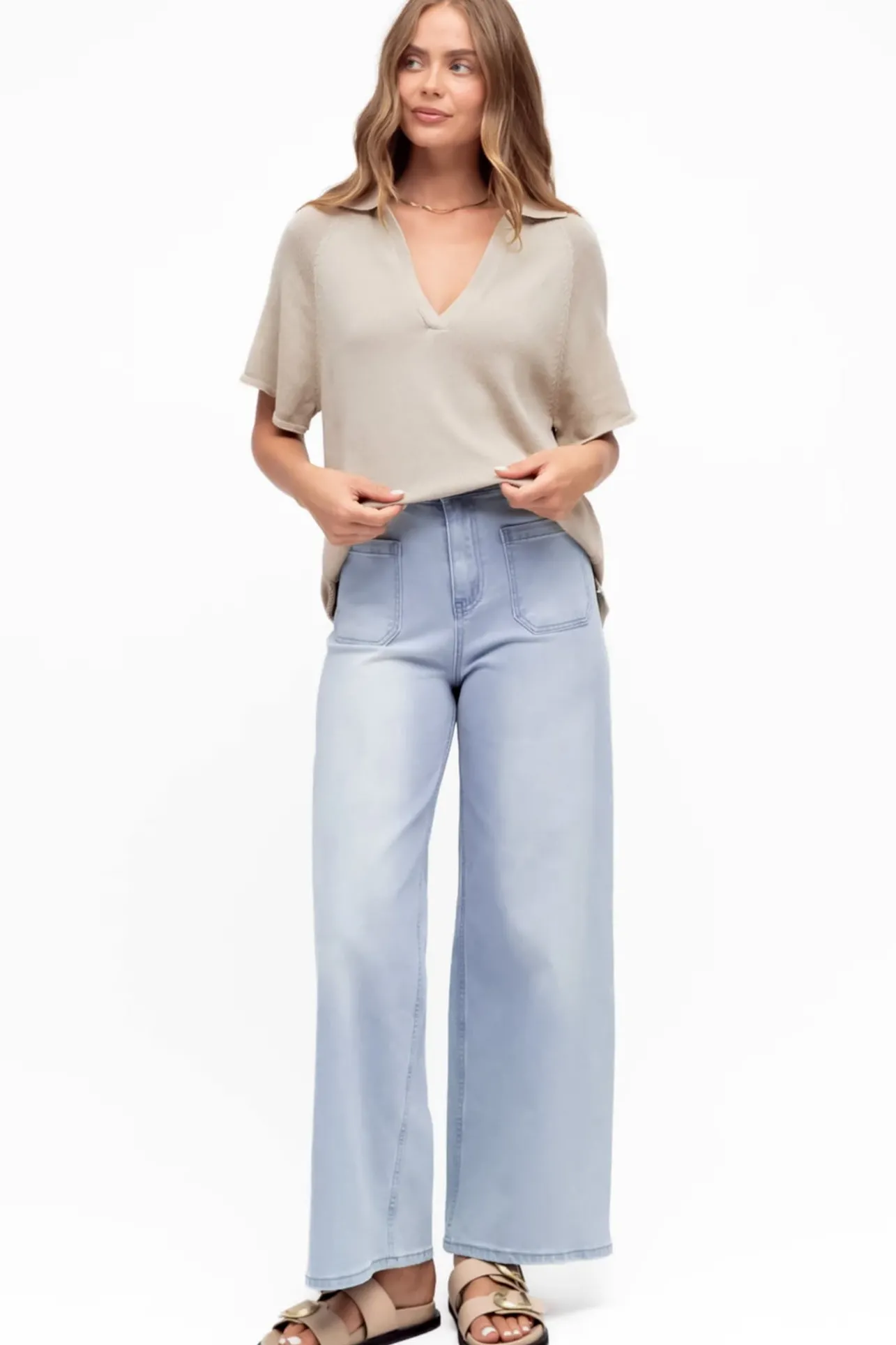 Hayes Knit Top - Relaxed Collared V Neck Knit Top in Oat>Salty Crush Hot