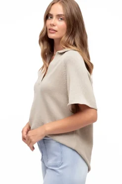 Hayes Knit Top - Relaxed Collared V Neck Knit Top in Oat><noscript><img width=