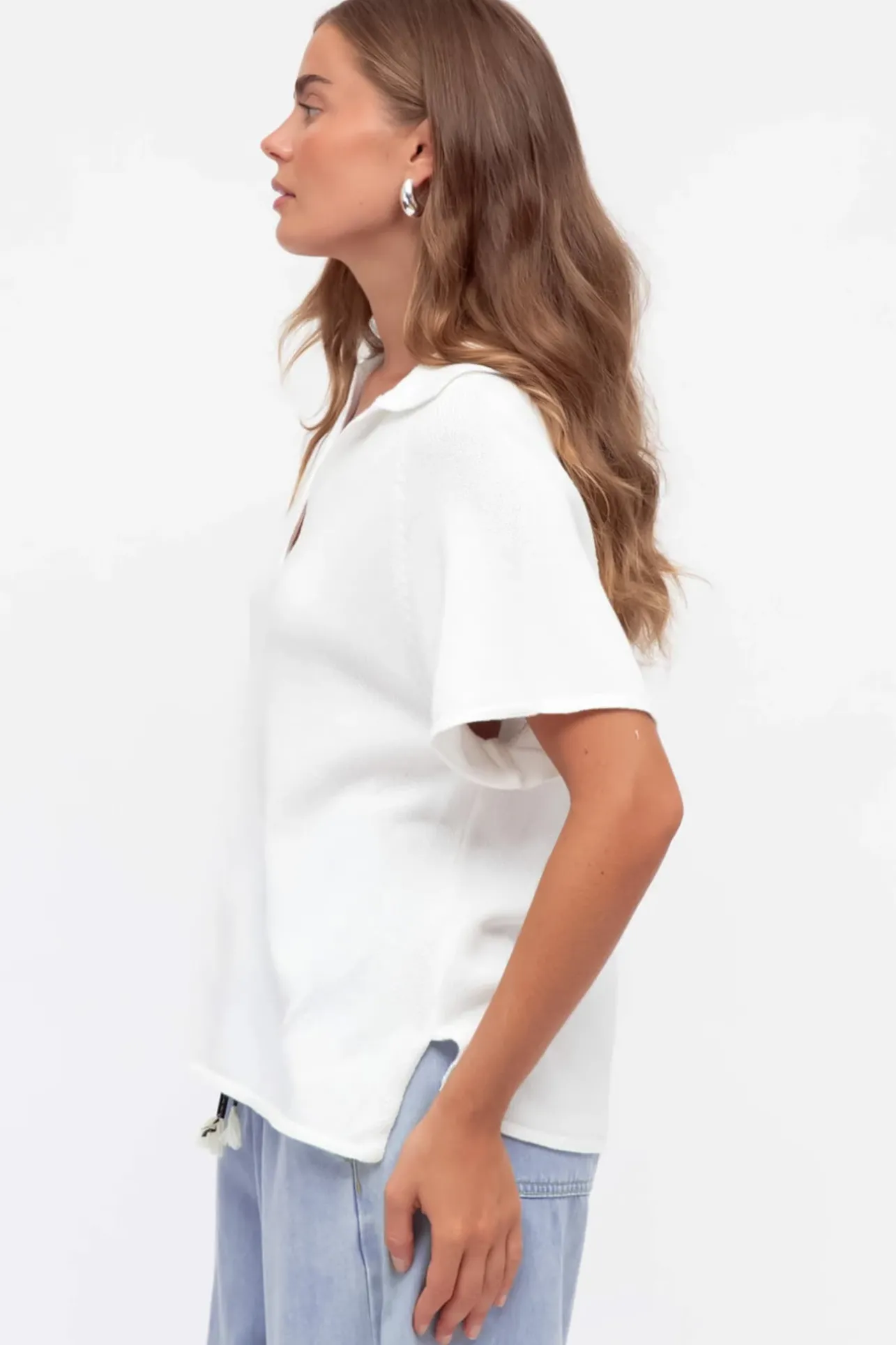 Hayes Knit Top - Relaxed Collared V Neck Knit Top in White>Salty Crush Discount