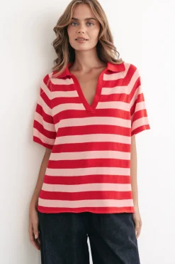 Hayes Stripe Knit Top - Relaxed Collared V Neck Knit Top in Pink/Red>Salty Crush New