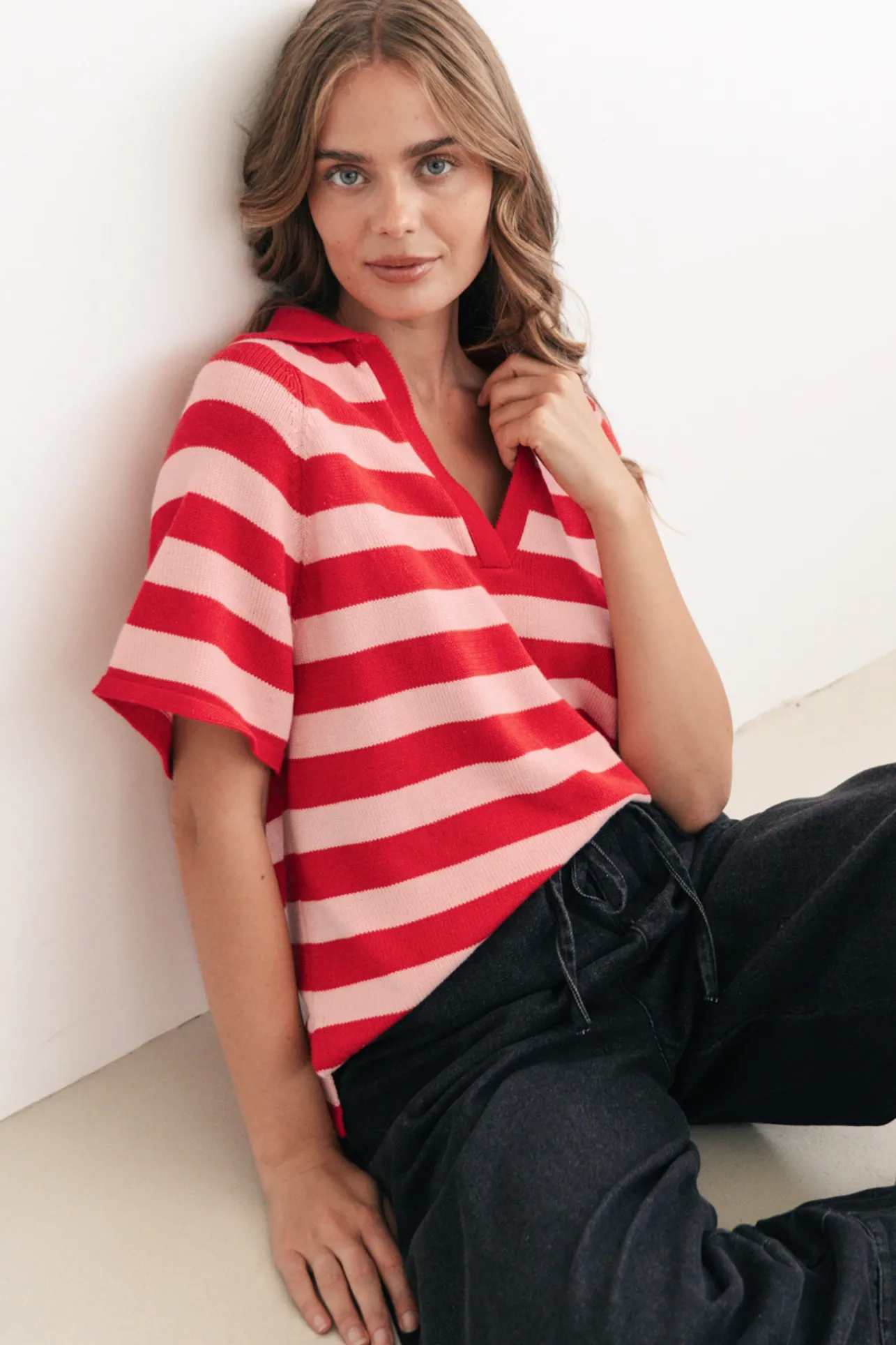 Hayes Stripe Knit Top - Relaxed Collared V Neck Knit Top in Pink/Red>Salty Crush New