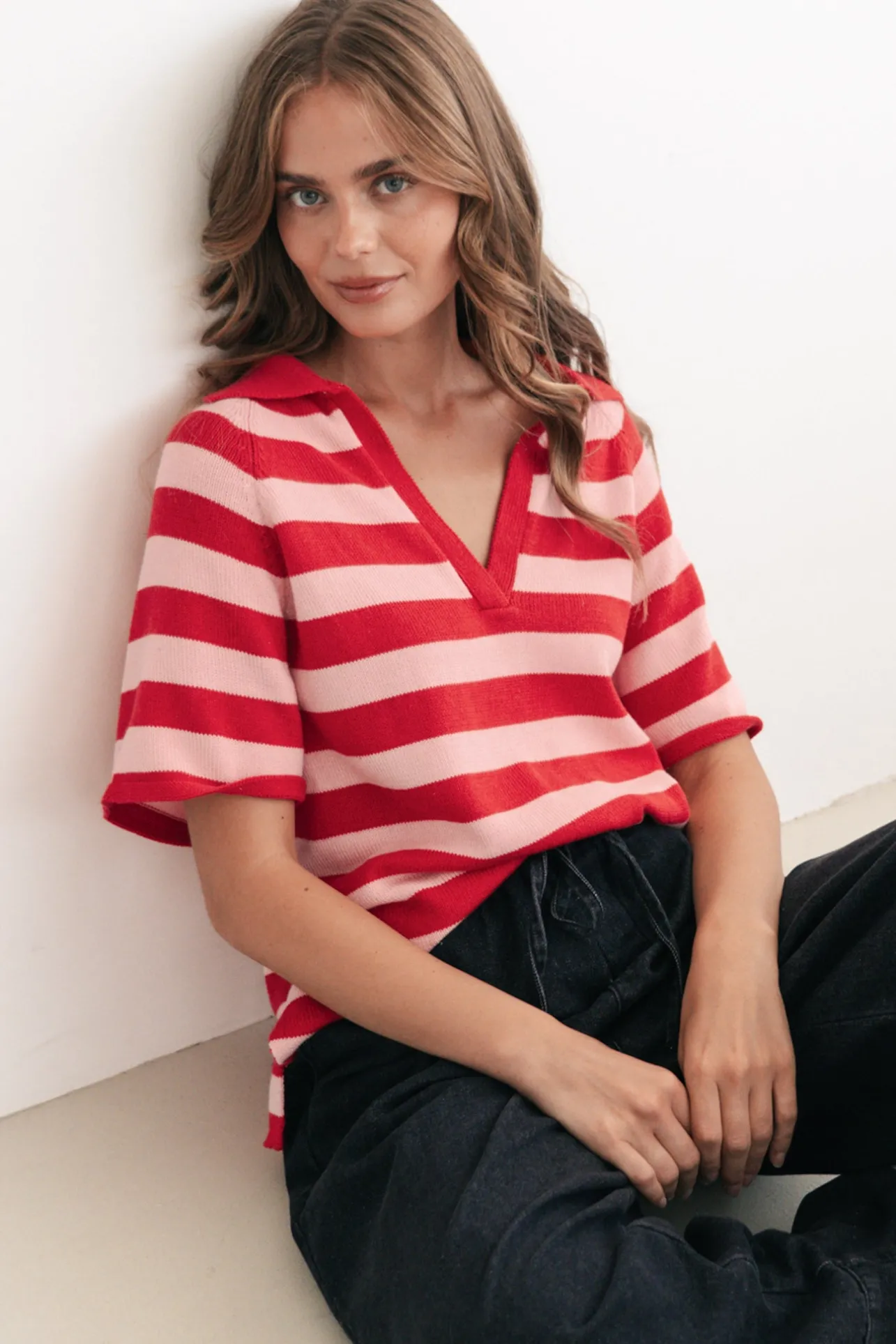 Hayes Stripe Knit Top - Relaxed Collared V Neck Knit Top in Pink/Red>Salty Crush New