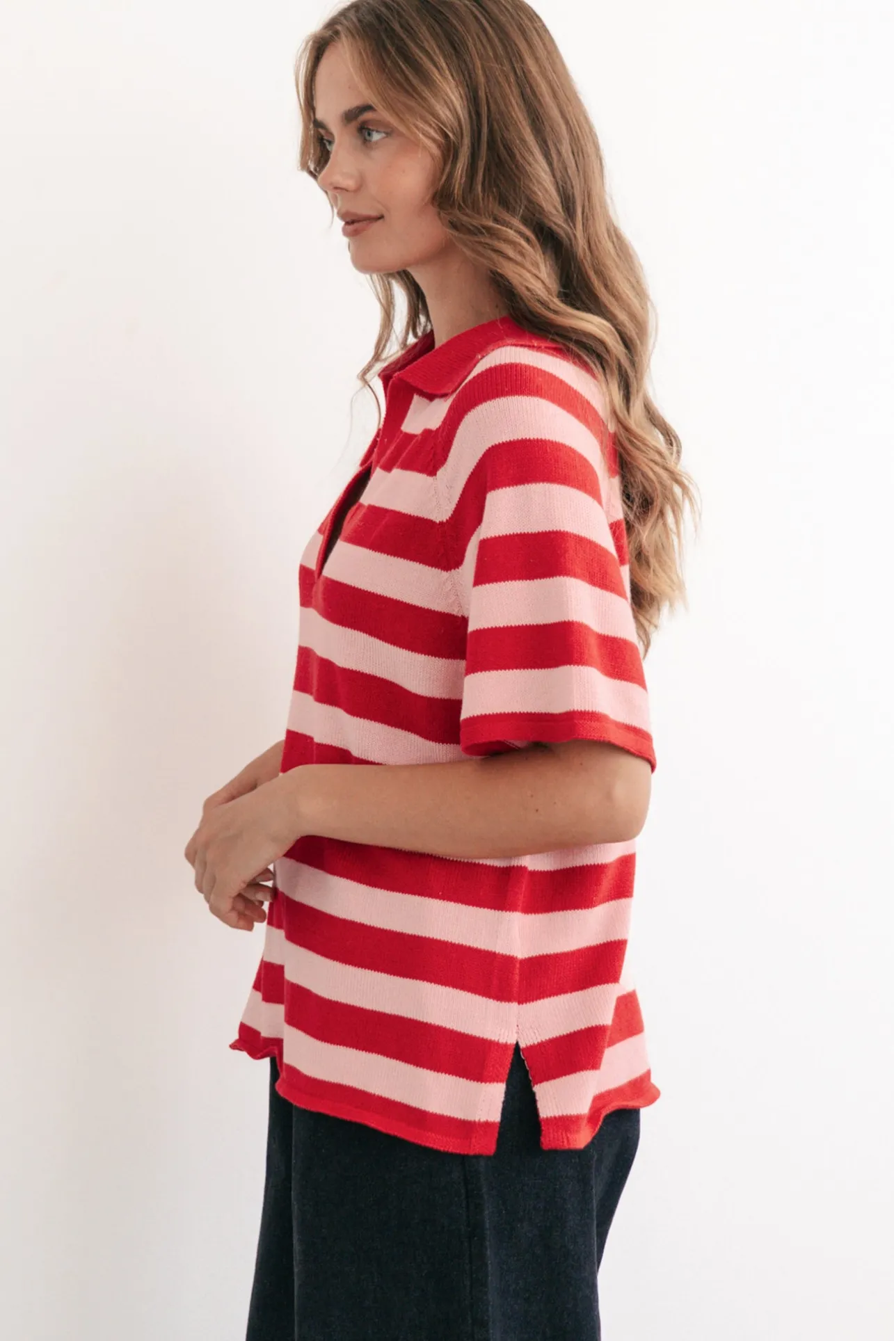Hayes Stripe Knit Top - Relaxed Collared V Neck Knit Top in Pink/Red>Salty Crush New