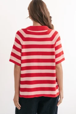 Hayes Stripe Knit Top - Relaxed Collared V Neck Knit Top in Pink/Red><noscript><img width=