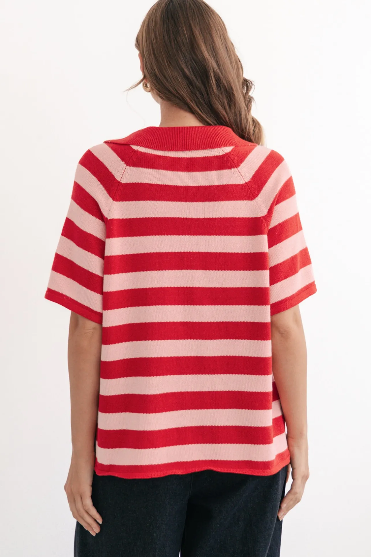 Hayes Stripe Knit Top - Relaxed Collared V Neck Knit Top in Pink/Red>Salty Crush New