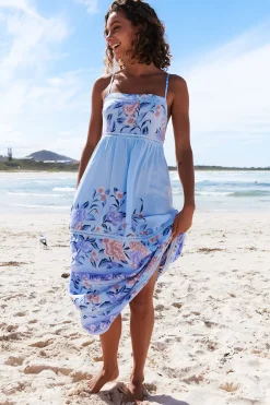 Heidi Midi Dress - Tiered Sun Dress with Crochet Splicing in Heaven Print>Jaase New